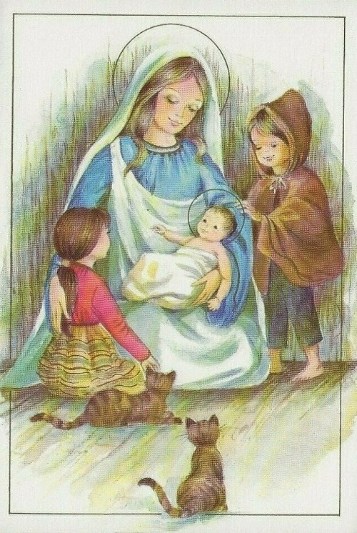 Vintage Miraculous Medal Christmas Card Mary Jesus Children Cats